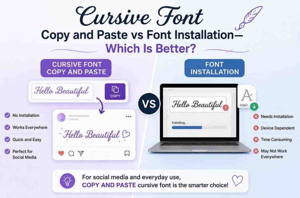 Cursive font copy and paste requires zero installs and works everywhere. Find out why it beats font installation for social media use.
