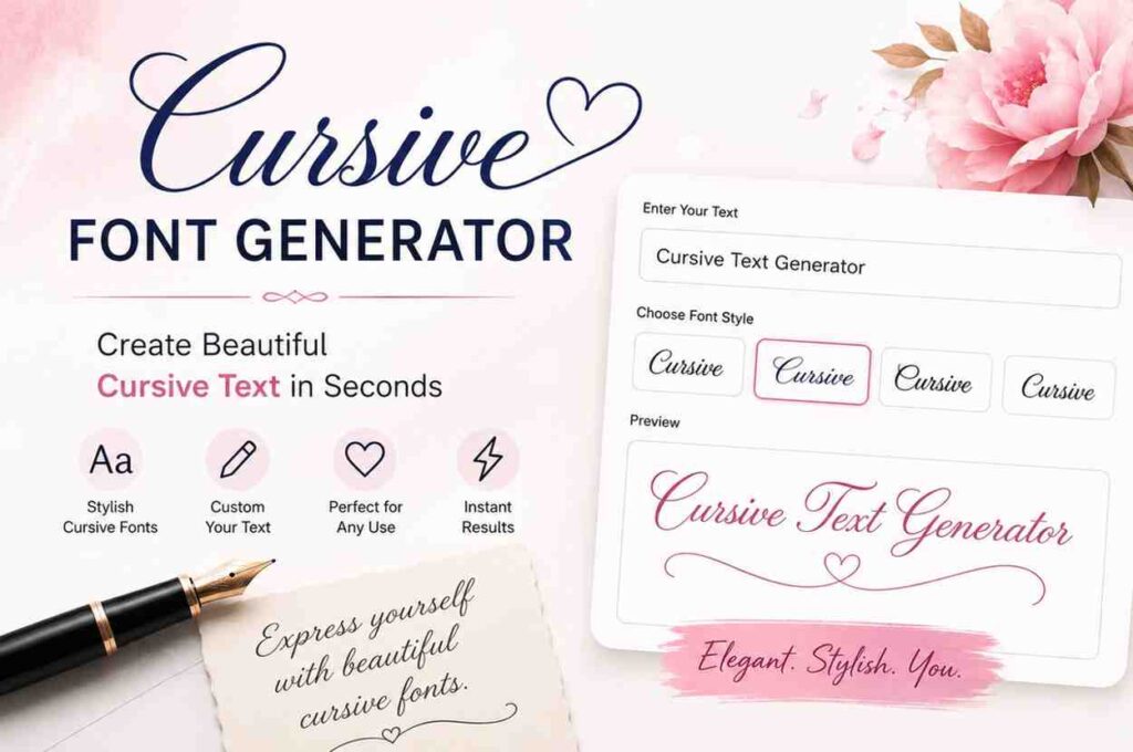 Generate stylish and elegant text instantly with our Cursive Font Generator. Create beautiful cursive fonts for names, social media, designs, and more