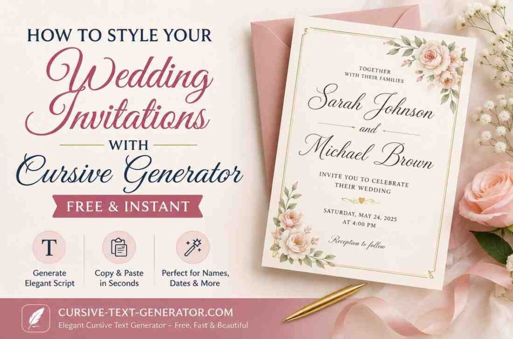 Cursive generator wedding invitation with elegant cursive text and floral design.