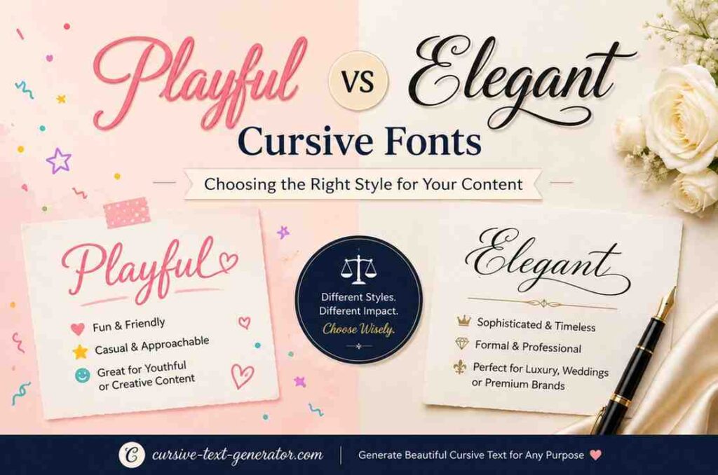 Compare playful and Elegant Cursive Fonts side by side and choose the perfect style for your bio, invites, or brand in seconds.